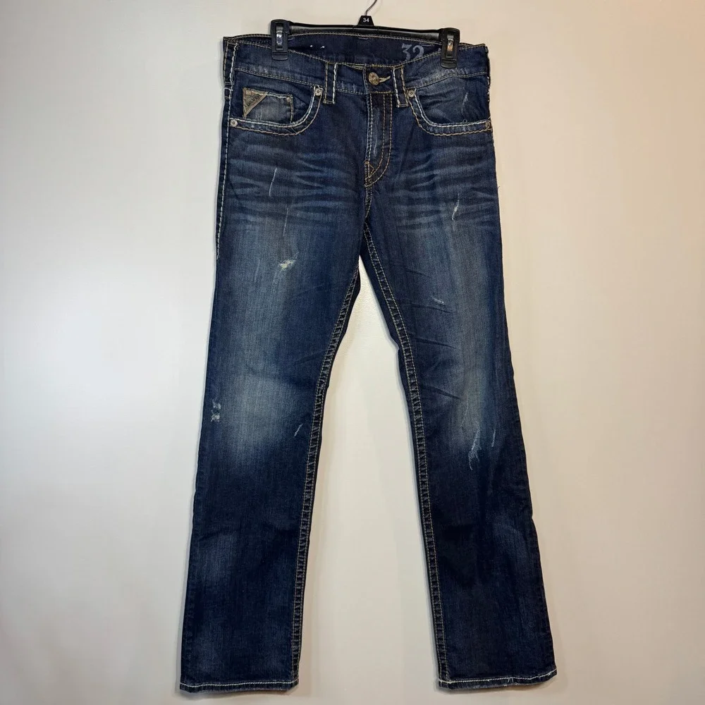 Silver 925 Series Jeans Mens 32x34 Actual L33 Thick Stitch Dark Wash Distressed‎